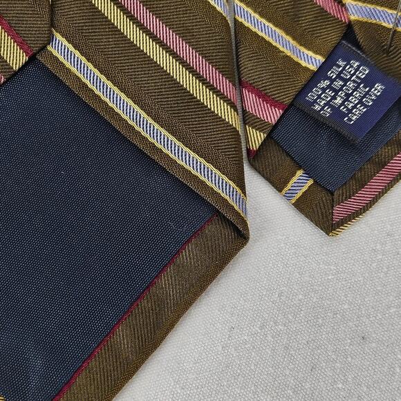 J CREW VINTAGE MEN'S 100% SILK BROWN/GOLD/PINK WHITE STRIPED NECK TIE - Picture 5 of 8